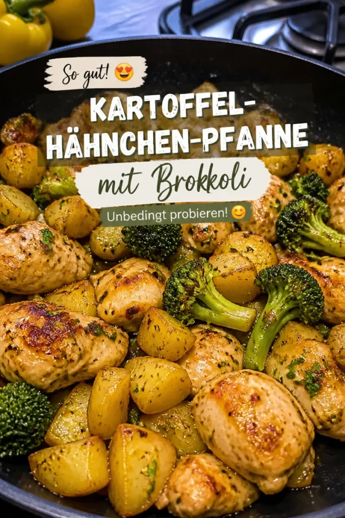 Kartoffel-Hähnchen-Pfanne mit Brokkoli auf einem Teller serviert.