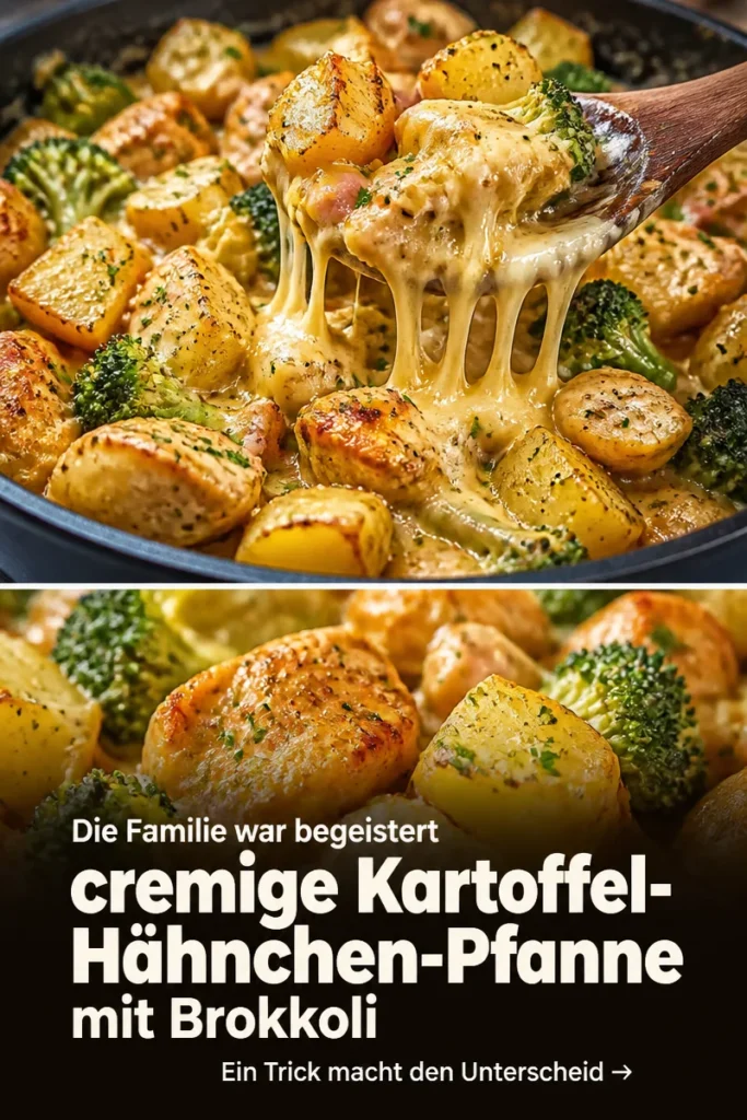 Kartoffel-Hähnchen-Pfanne mit Brokkoli auf einem Teller serviert.