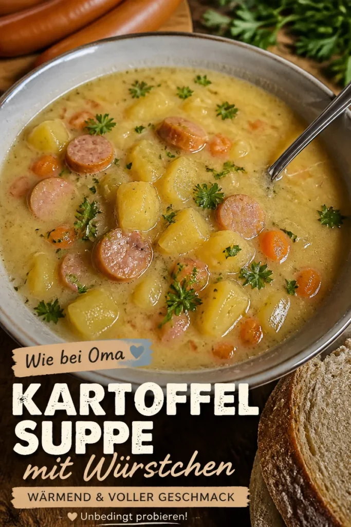 Kartoffelsuppe mit Würstchen in einer Schüssel serviert