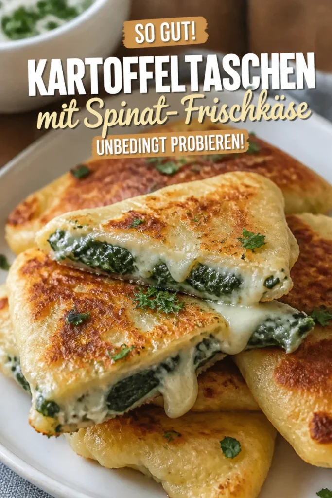 Leckere Kartoffeltaschen gefüllt mit Spinat-Frischkäse auf einem Teller