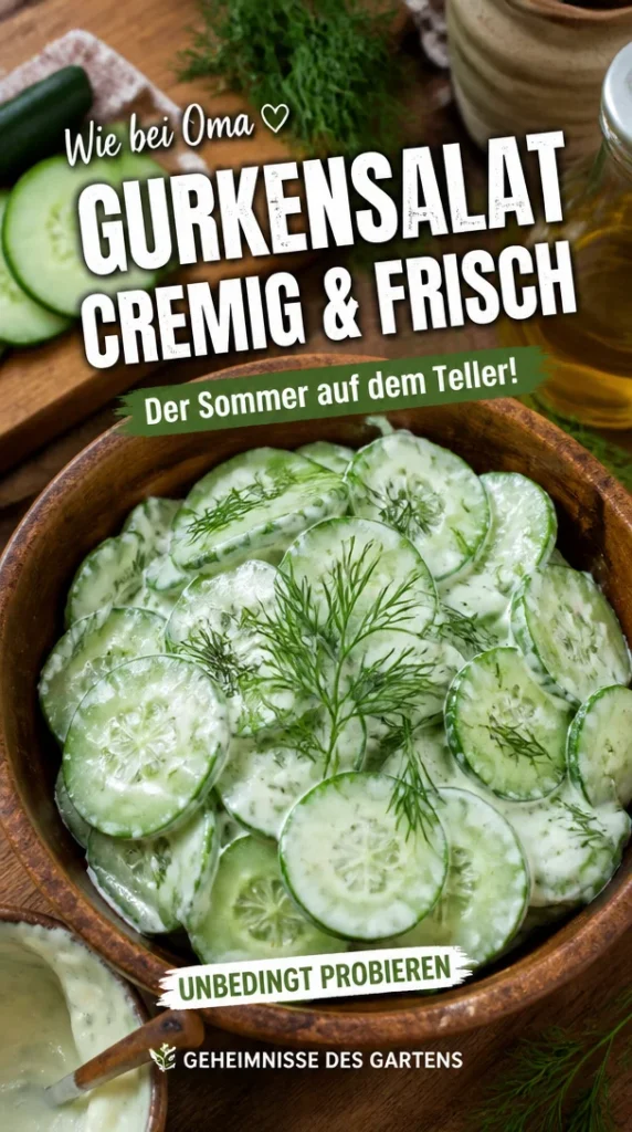 Klassischer Gurkensalat mit cremigem Dressing auf einem frischen Gemüsebett