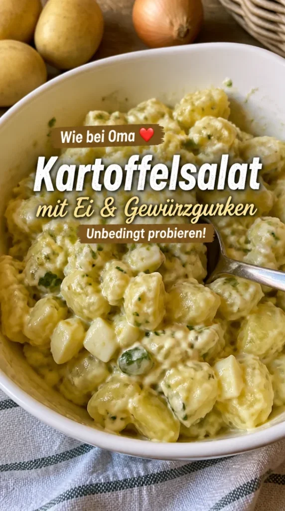 Klassischer Kartoffelsalat mit Ei und Gewürzgurken auf einem Teller angerichtet