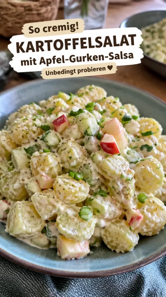 Kremiger Kartoffelsalat mit frischer Apfel-Gurken-Salsa auf einem Teller