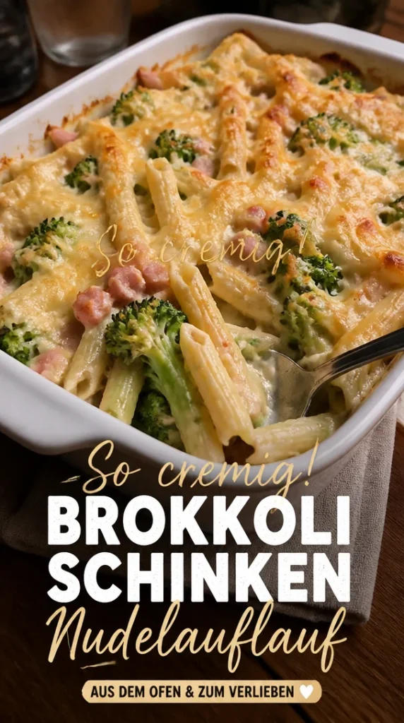 Nudelauflauf mit Brokkoli und Schinken frisch aus dem Ofen