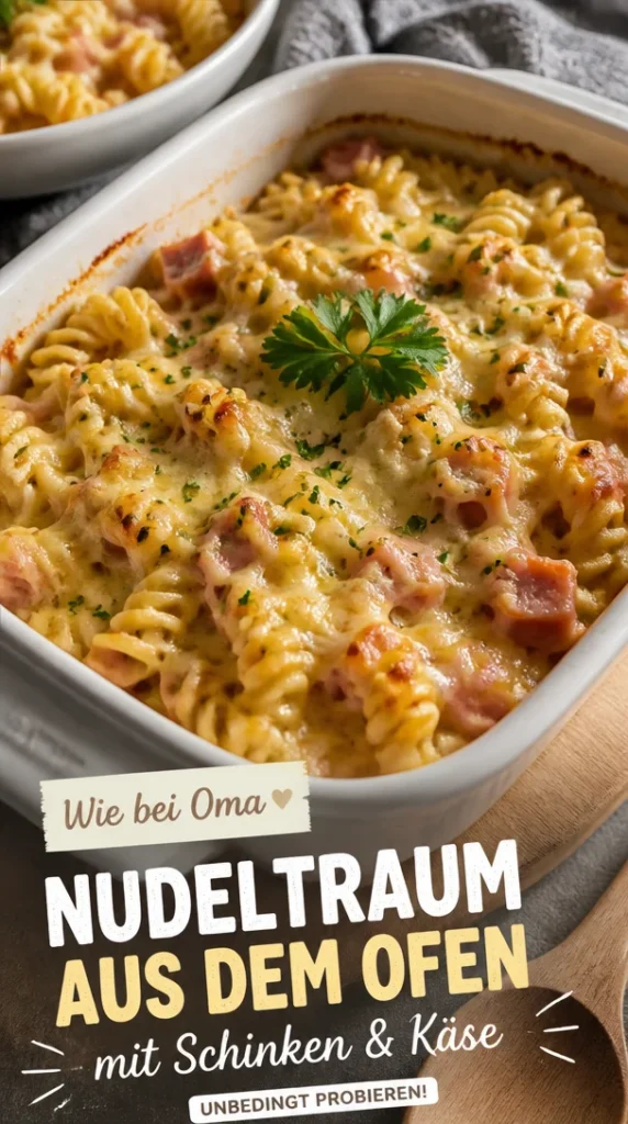 Köstlicher Nudelauflauf mit Schinken und Käse frisch aus dem Ofen