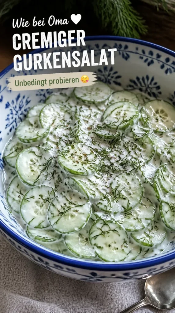 Omas Gurkensalat mit saurer Sahne und frischem Dill auf einem weißen Teller.