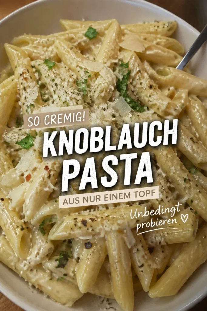 Ein Teller mit cremiger Knoblauchpasta, garniert mit frischem Basilikum.