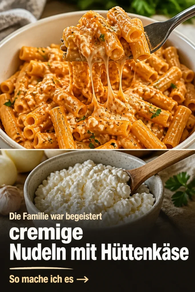 Protein-Nudeln mit Hüttenkäse auf einem Teller angerichtet