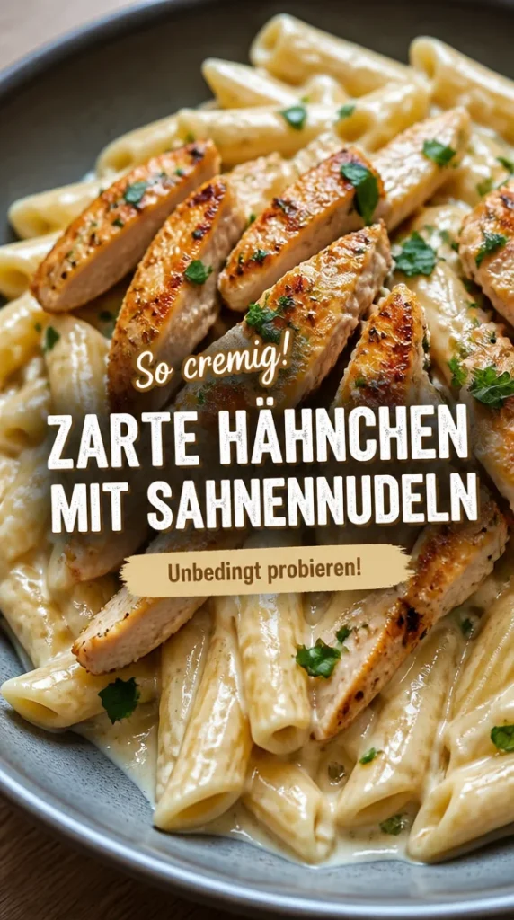 Zarte Hähnchenstreifen mit cremigen Nudeln in Sahnesauce serviert auf einem Teller